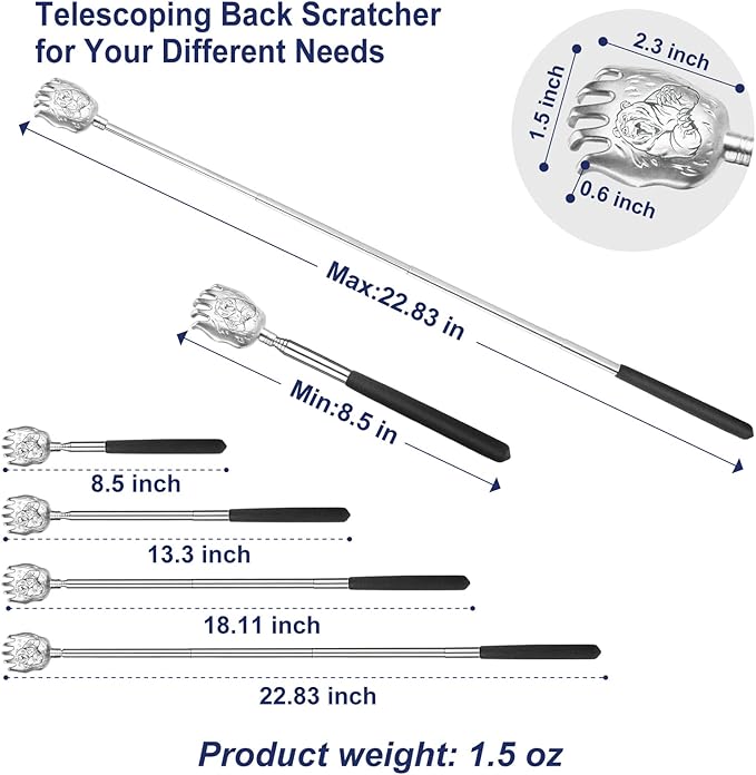 Bear Claw Back Scratcher with Gift Bag - Portable Metal Stainless Steel Telescoping Massage Tool - Gift/Stocking Stuffers for Men Women