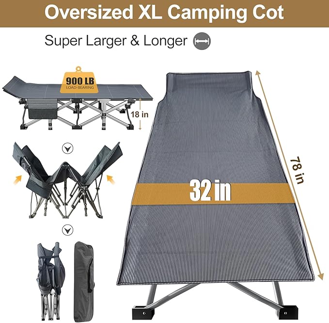 DoCred Oversized XXL Folding Camping Cot with Mattress, Heavy Duty Sleeping Cot Bed Portable Adults Outdoor Bed with Carry Bag, Travel Camp Cots