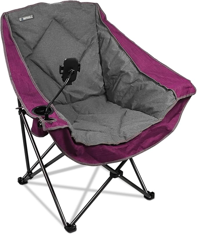 CAMPHILL Folding Camping Chair,Oversized Portable Camping Chair with Cup Holder and Phone Holder,Heavy Duty Padded Lawn Chair for Camping, Tailgates, Beach, and Sports