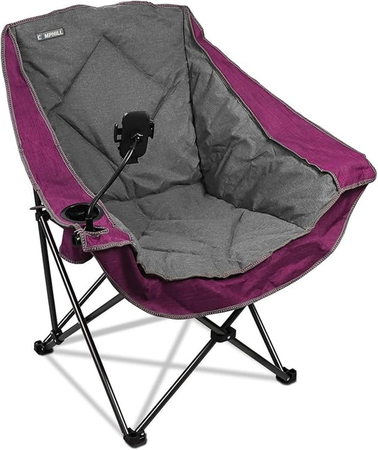 CAMPHILL Folding Camping Chair,Oversized Portable Camping Chair with Cup Holder and Phone Holder,Heavy Duty Padded Lawn Chair for Camping, Tailgates, Beach, and Sports