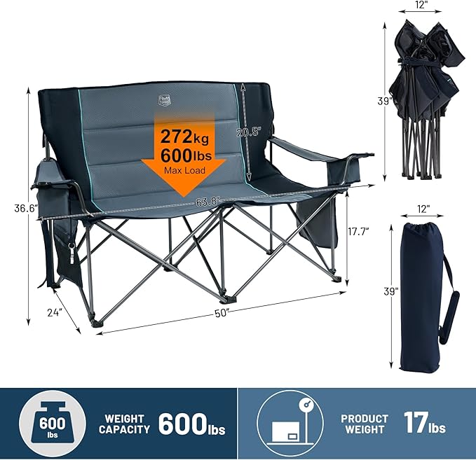TIMBER RIDGE Oversized Double Camping Chairs Camping Couch, 2 Person Camping Loveseat Double Folding Camp Chair with Wine Glass Holder, Portable Chair for Outdoor, Lawn Chairs, Indoor, Supports 600LBS