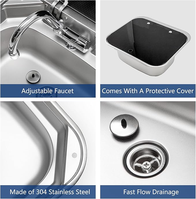 Portable RV Sink, 16.54×14.57×5.91 Inch Small Stainless Steel Bar Camping Sink with Folde Faucet and Tempered Glass Cover for Camper Trailer Caravan