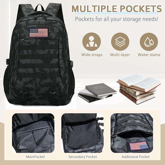 Camo Backpack for Boys 3 in 1 Set, 19 Inch 55L Tactical Bookbag with Lunch Box Pencil Case, Molle School Backpack for Kids Teens, Daily School Commute Outdoor Camping for Elementary Middle High School