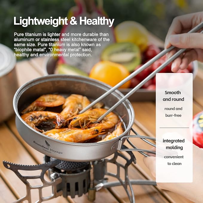 iBasingo Backpacking Cookset Titanium Camping Pots Set Ultralight Outdoor Picnic Pots Pans with Folding Handle Druable Portable Cooking Mess Kit Compact Picnic Dishes Bowls Cups (Multiple Sizes)