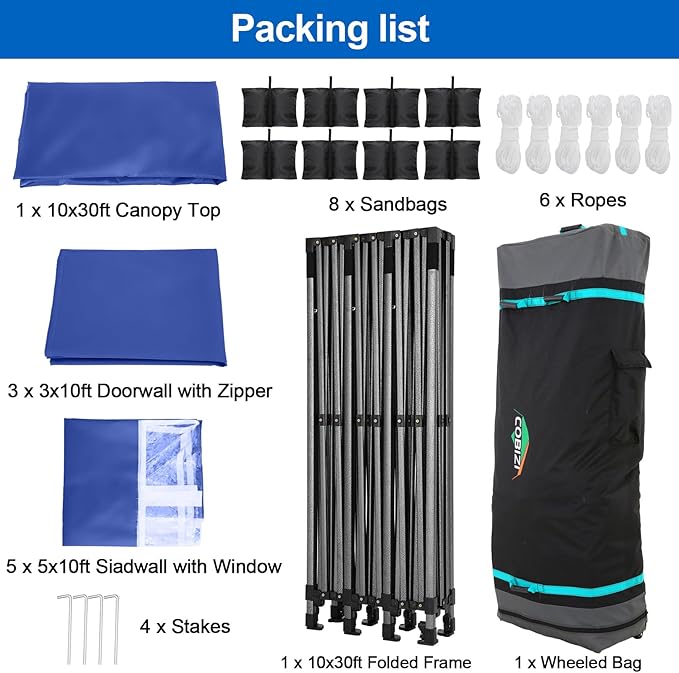 COBIZI 10x30 Pop up Canopy Tent 10x30 Canopy with 8 Sidewalls Waterproof Heavy Duty Commercial Canopy Tent for Parties Outdoor Garden Gazebo, Carry Bag with Wheel(10x30ft, Dark Blue)