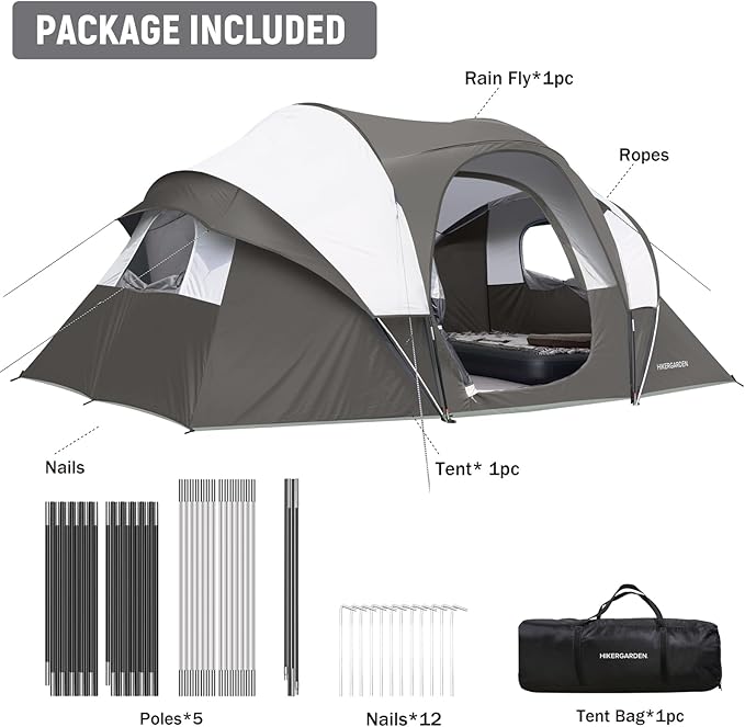 HIKERGARDEN 10 Person Camping Tent - Portable Easy Set Up Family Tent for Camp, Windproof Fabric Dome Tent Outdoor for Hiking, Backpacking, Traveling-14'x11'x74in(H)