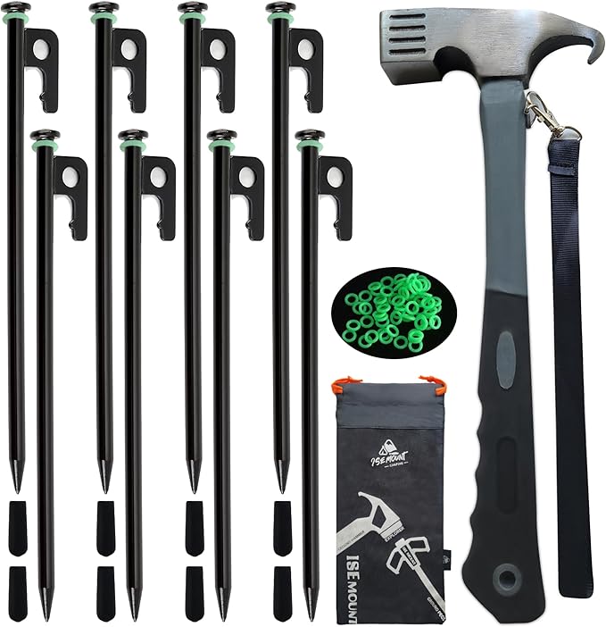 8 PCS Tent Stakes & Hammer Kit， Heavy Duty Metal Tent Pegs for Camping Steel Tent Stakes(Black)