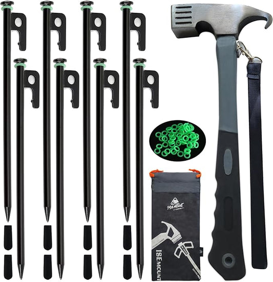 8 PCS Tent Stakes & Hammer Kit， Heavy Duty Metal Tent Pegs for Camping Steel Tent Stakes(Black)