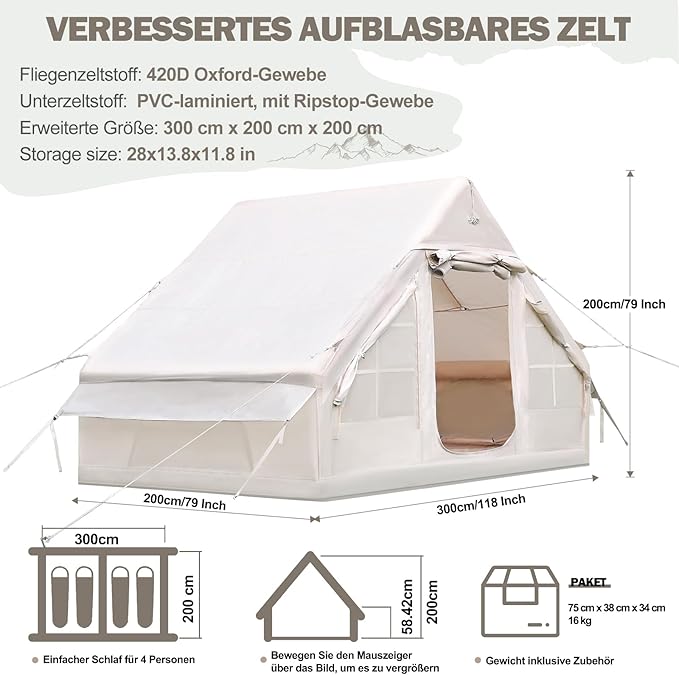 Inflatable Camping Tent, Glamping Inflatable Tent for Camping, 4 Season Water&Windproof Outdoor Oxford Blow Up Cabin Tent with Mesh Windows & Doors for 4-8 People Camping