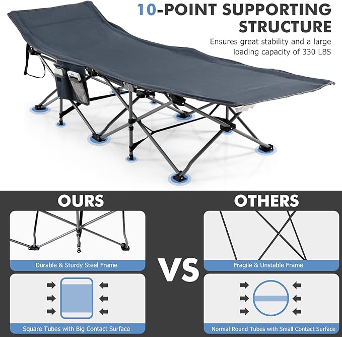 Tangkula Camping Cot for Adults, Folding Sleeping Cot with Removable Mattress, Pillow, Side Pocket, Portable Indoor Outdoor Cot Bed with Carry Bags for Travel, Camp, Office, Home (Blue)