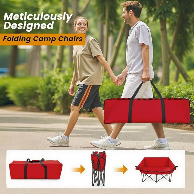 QUYUAN Double Camping Chair for Adult, Heavy Duty Folding Chair for 800lbs, Comfortable Lawn Chairs with Fully Padded, Camp Chairs for Outdoor Sports, Fishing, Concerts, Beach, Red Camping Loveseat