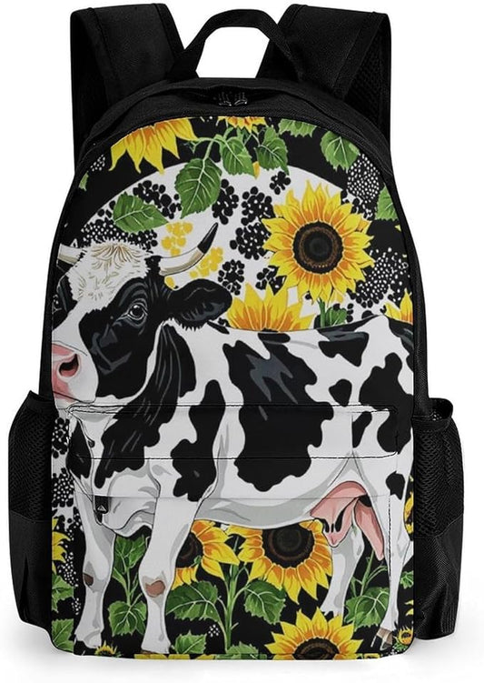 Supdreamc Polyester Daypack Backpack for Trekking Picnic Walking Cycling, Large Capacity Anti-Theft Multipurpose Shoulder Bag, Farm Cow Sunflower Print Casual Daypack
