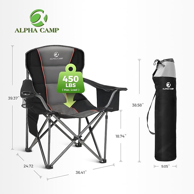ALPHA CAMP Oversized Camping Chair Heavy Duty Lawn Chair with Cooler Bag Support 450 LBS Steel Frame Collapsible Padded Arm Quad Lumbar Back Folding Chair for Lawn Outdoor