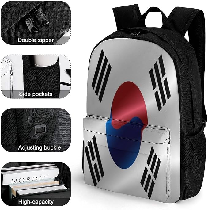 Men Women Polyester Flag Of South Korea Daypack Backpack Large Capacity Carry On Bag With Smooth Zippers for Hiking Picnic Walking Cycling