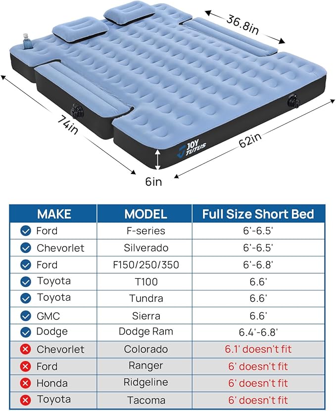 JOYTUTUS 6.4-6.7Ft Truck Bed Air Mattress with Built-in Cup Holder,Thickened Inflatable Full Size Regular Truck Beds, with Air Pump&2 Pillows