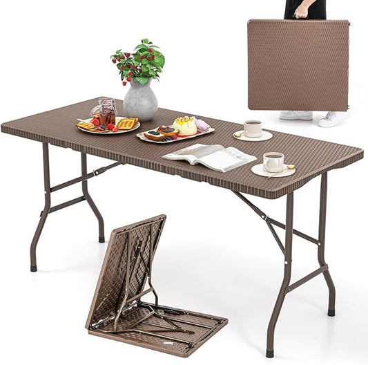 Tangkula 5FT Folding Table, Indoor Outdoor Foldable Plastic Table with Rattan Textured HDPE Tabletop, Sturdy Metal Fame, Carrying Handle, 4-6 Person Picnic Table for Camping BBQ Party