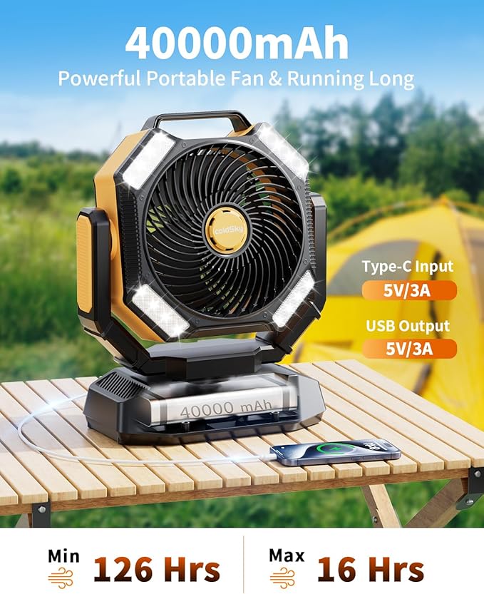 coldSky 𝟰𝟬𝟬𝟬𝟬𝗺𝗔𝗵 Camping Fan, Battery Operated with 4 LED Light, 8 Speeds DeskFan with Remote, Portable Rechargeable Outdoor Fan with Hook for Tent, Power Outages Yellow