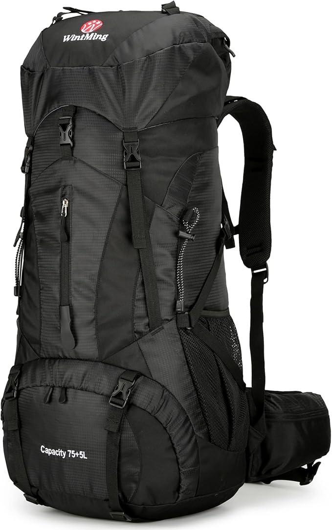 75L Hiking Backpack with Rain Cover Waterproof Camping Backpack Shoes Warehouse for Men Women, Frameless