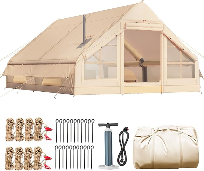 YOLENY Inflatable Tents for Camping, 6-12 Person Blow Up Tent with TPU Skylight, Canopy, Mesh Windows, Stove Jack & Pump, 4 Season Large Inflatable Tent, Waterproof & Windproof