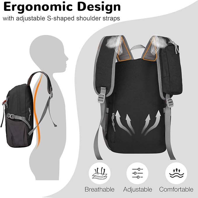 12L Hiking Backpack with Padded Straps for Kids, Waterproof Small Hiking Backpack with Chest Strap for Men, Mini Lightweight Kid Travel Backpacks Day Pack with Phone Pocket, Black