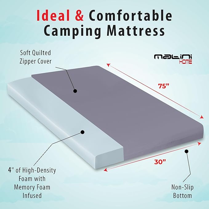 4" x 30" x 75" High Density Roll-Up Camping Mattress with Water Resistant Zipper Cover, Foldable and Portable for Camping, RV Bunk, Tent, Guest Bed, Outdoor and Dorm