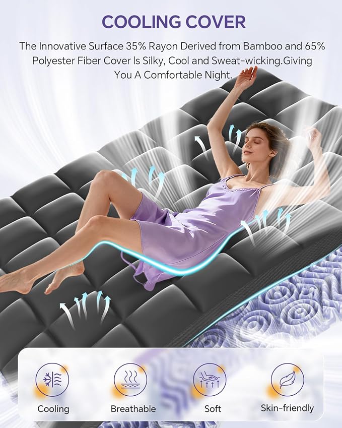 Dual Layer 5 Inch Memory Foam Mattress Topper King - 3 Inch Pillow Top Mattress Pad and 2 Inch Gel Memory Foam, 7-Zone Egg Crate King Size Mattress Topper (Black)