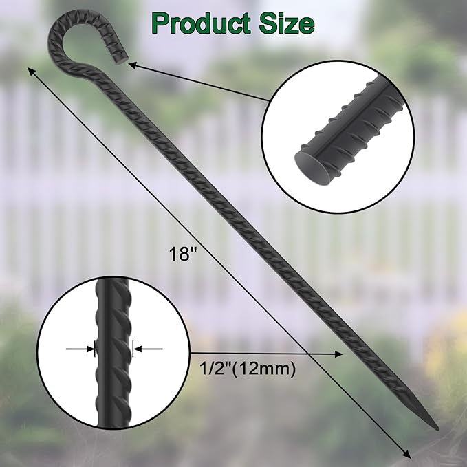 18 Inch Rebar Stakes with Loop 12 Pack Camping Tent Ground Anchors Heavy Duty 1/2 Inch Diameter Metal Tree Stakes and Supports for Leaning Trees, Dog Tie Out Stake, Garden Rope Fence Stakes, Black