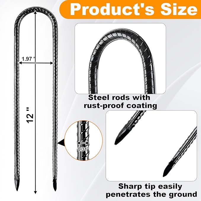 Rebar Stakes, 12 Inch 12 Pack Ground Stakes U Hook Heavy Duty Metal Steel Trampoline Anchors with Chisel Point for Trampoline High Wind Chicken Coop Accessories Fence Gardening Tent Dog
