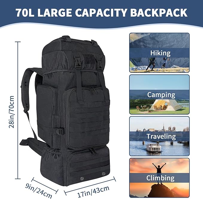 70L Hiking Backpack for Men Women Camping bag with Shoe Compartment Large Military Tactical Backpack, MOLLE Rucksack Sport Travel Backpacking Daypack (Black)