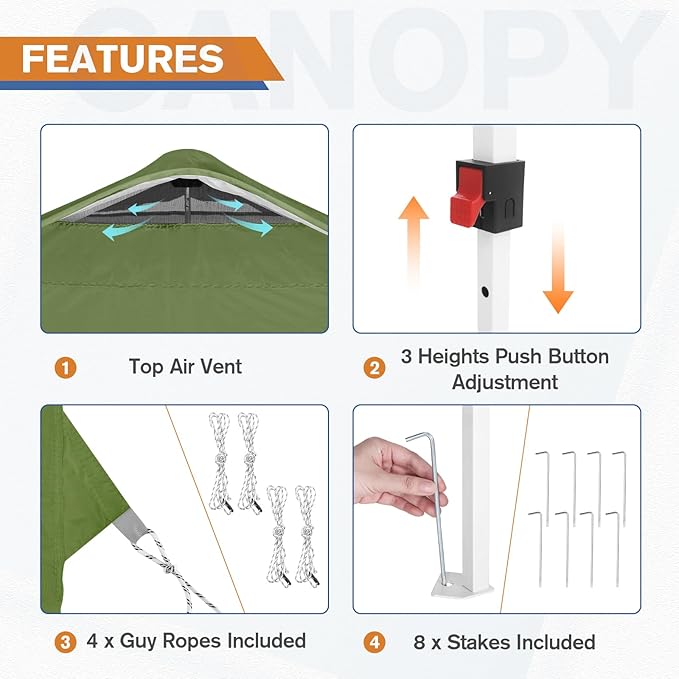EAGLE PEAK Pop Up Canopy Tent with 1 Sidewall, Easy Setup Event Tent, Outdoor Sun Shade, Wheeled Carry Bag, Stakes and Guy Ropes, Instant Canopy 10x10, Grass Green