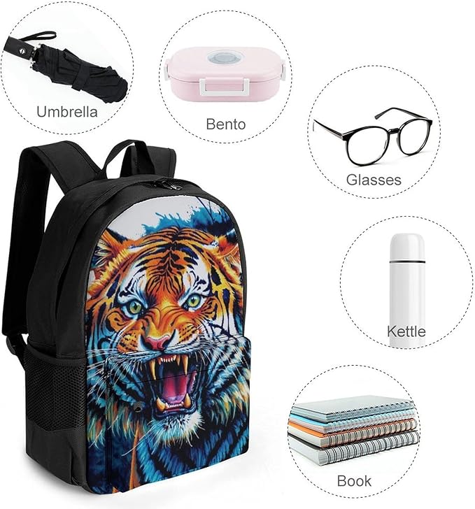 Supdreamc Men Women Polyester Blue Fierce Wild Tiger Animal King Art Casual Daypack Large Capacity Carry On Bag With Adjustable Shoulder Straps for Camping Work Running