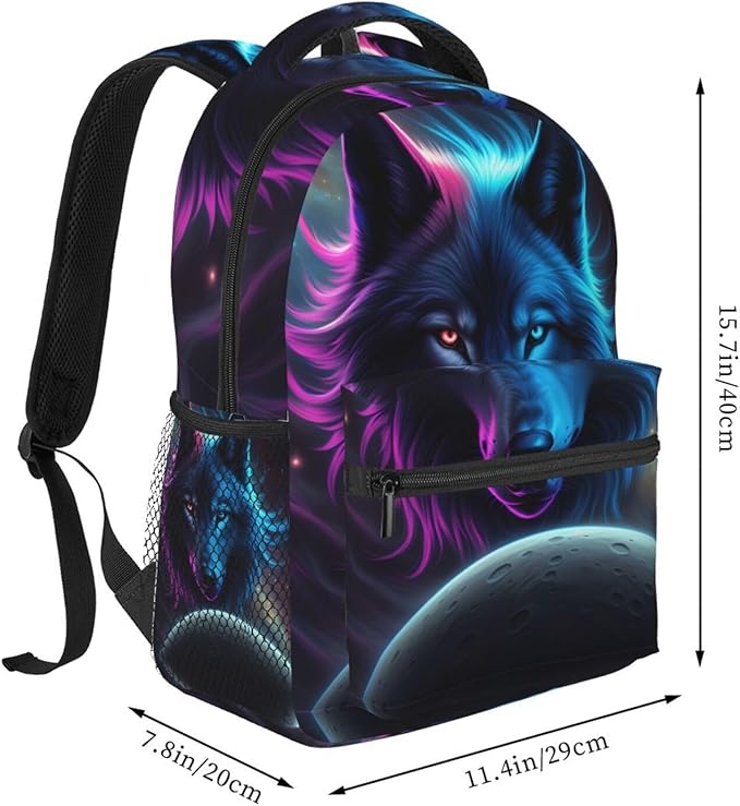 Rucksack Anti-Theft Multipurpose Big Capacity Carry On Bag, Pink And Blue Cool Wolf Moon Art Traveling Camping Backpack With Side Pockets