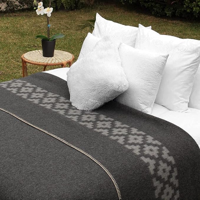 Thick Alpaca Wool Blanket Heavyweight Camping Outdoors Indoors Soft Peru Queen Size Ethnic Design (Dark Gray - Soft Gray, Queen Size)