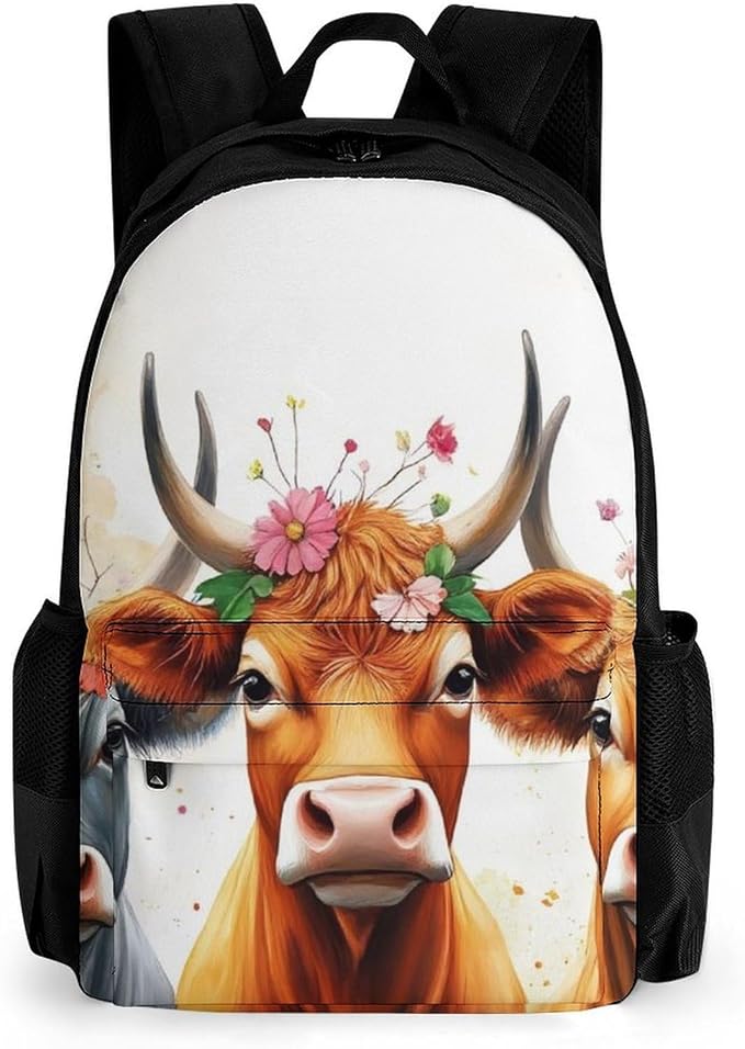 Polyester Daypack Bookbag for Gym Business Bicycle, Large Capacity Multipurpose Anti-Theft Carry On Bag, Cute Highland Cow Family Travel Hiking Daypack