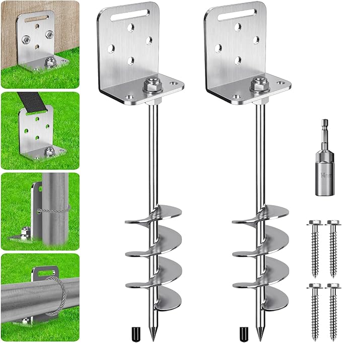 2/4/6 Pack 18" 24" Screw in Trampoline Ground Anchors 2.7" Wide Spiral Mobile Home Earth Anchor Stakes Set with Versatile L Bracket Swingset Anchors for Playset, Fence, Tent, Shed, Canopy, Carport
