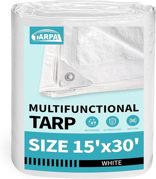 TARPAL 15x30 Feet White Tarp Waterproof Multipurpose Protective Cover All Purpose Outdoor Poly Tarps Cover for Swimming Pool, Boat, car, Camping, firewood,Outdoor Furniture, Roof Waterproofing