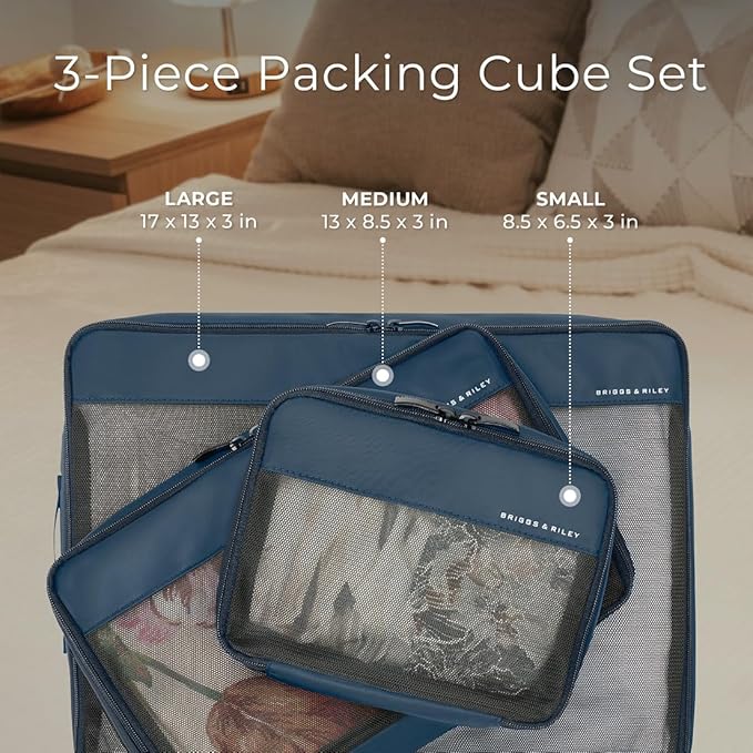 Briggs & Riley Compression Packing Cube Set - Bag Organizer for Check In Suitcase & Luggage, For Women & Men, Pack Accessories for Vacation - Travel Must Haves, 3-Piece, Navy