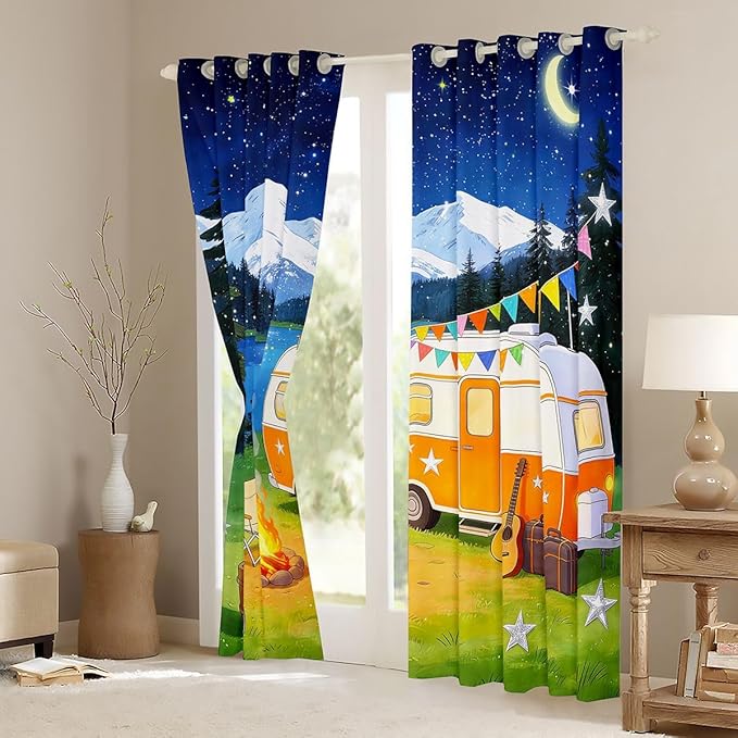jejeloiu RV Camping Blackout Curtains Cartoon Camping Car Darkening Drapes for Bedroom Room Decor Campfire Thermal Insulated Shades Farmhouse Trailers Camper, 2 Panels 38 x 45 Inch