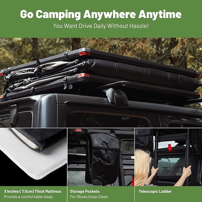 Rooftop Tent Hardshell for Camping - Suitable for Car Jeep SUV Truck, Professional Comfort Roof Top Tent with Ladde, Easy Fold-and-go, Waterproof & UV-Resistant, 4 Ft Wide