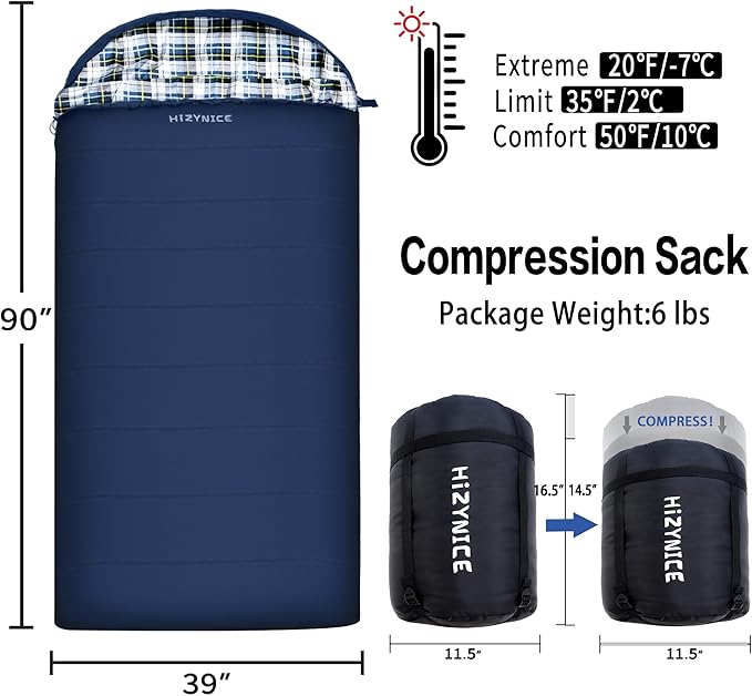 Cold Weather Sleeping Bag 100% Cotton Flannel XXL for Adults Big and Tall,Free Compression Sack