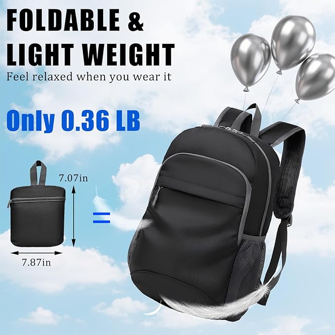 20L Hiking Backpack Foldable Small Camping Pack for Men Women Outdoor Travel Waterproof Daypack Lightweight Shoulder Bag Black (Black)