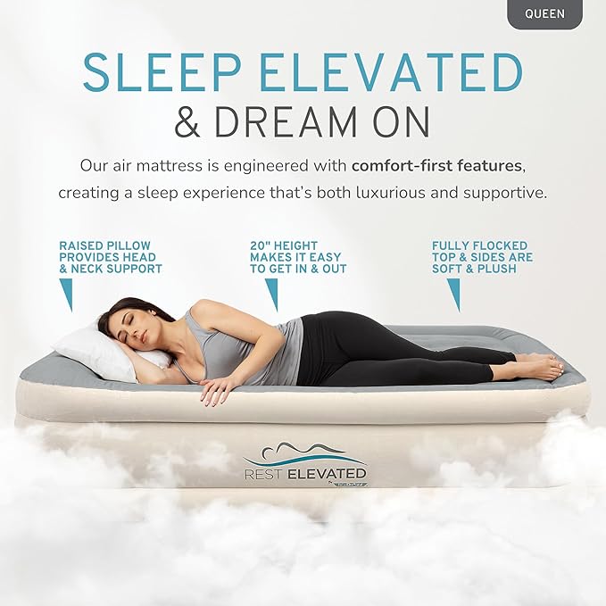 RestElevated Luxury Pillow Top Queen Size Air Mattress with Built in Pump | 20" Raised Height with Coil Beam Support | Adjustable Blow Up Air Bed | for Home, Guests and Camping [Cream with Grey Top]
