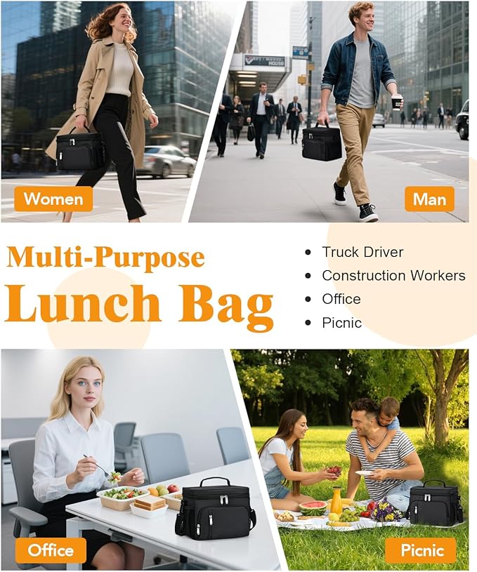 Insulated Lunch Bag for Men & Women - Leakproof Lunch Box Soft Cooler Tote, Adjustable Strap, Reusable Lunch Box for Work Office Picnic Beach Travel-Black