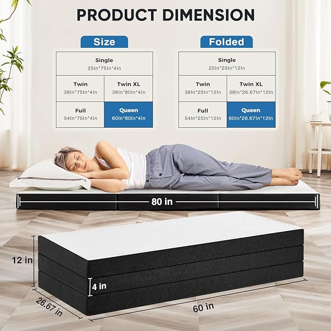 OLIXIS Tri-fold Memory Foam Mattress - 4 Inch Queen Size Portable Floor Bed, Foldable Mat for Kids and Adults, Collapsible and Washable Cover with CertiPUR-US Certified, for Travel & Camping & Yoga