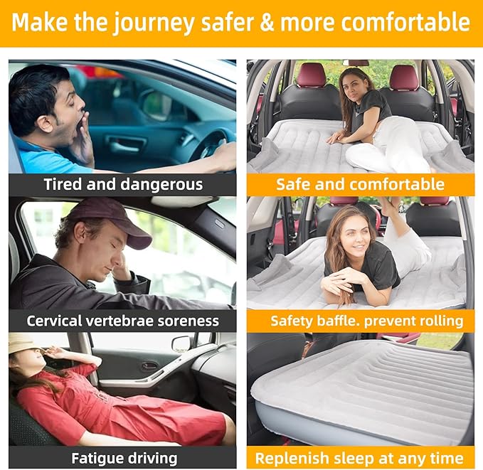 KMZ Portable SUV Air Mattress - Built-in Electric Pump for Fast Inflation - Soft Flocked Surface Car Bed - Ideal for Road Trips & Outdoor Camping - Grey