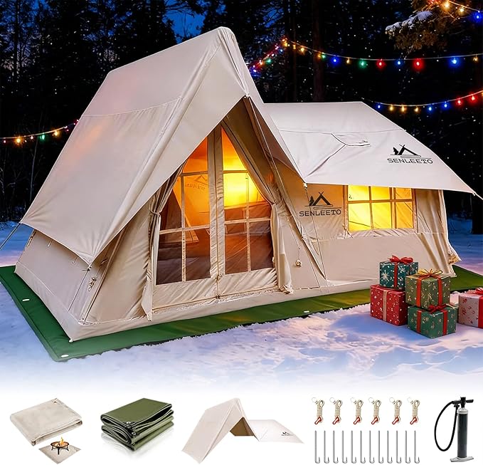 8/10/12 Person Large Inflatable Tents for Camping, 4 Season Blow Up Tents with Canopy/Rainfly, Luxury Inflatable Tent House with Stove Jack, Easy Setup Inflatable Camping Tent.