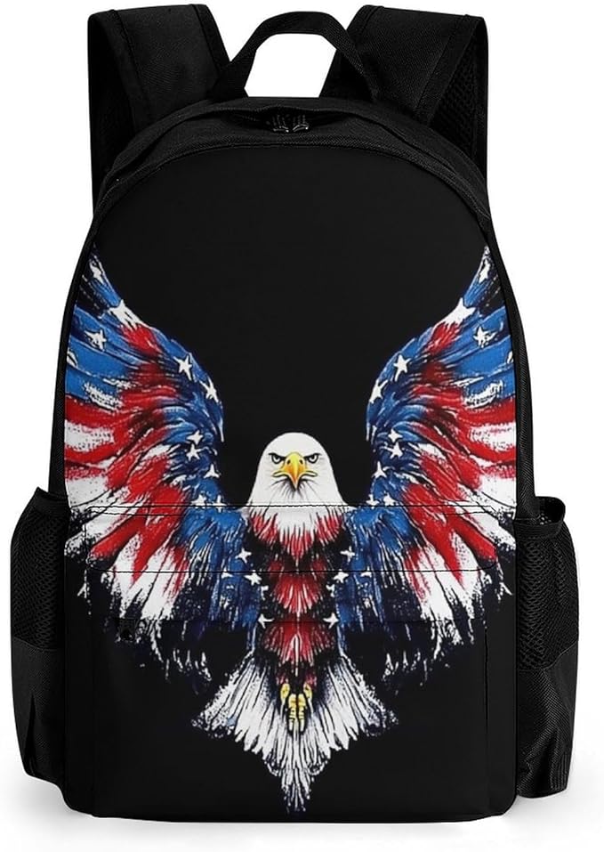 Supdreamc Rucksack Polyester Anti-Theft Multipurpose American Flag And Bald Eagle Patriotic Black Carry On Bag Large Capacity Travel and Sport Backpack Rucksack With Smooth Zippers