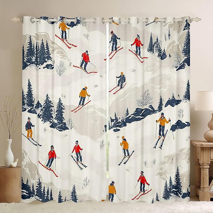 Manfei Skiing Window Drapes,Ski Winter Extreme Sport Competition Nursery Bedroom Playroom Decor,Mountain Snowboarding Pine Tree Natural Girls Boys Room Decor,Beige White 2 Panels,42Wx90L inch