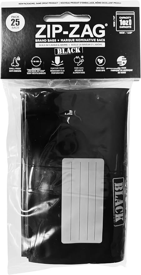 Zip Zag Bag Black (1 oz) 25x Small Black Zipper Sandwich Bags (6 5/8" x 6 3/8") | Say Goodbye to Stale Herbs And Spices With Food Safe Zipper bags | Resealable, Reusable, Washable, Airtight
