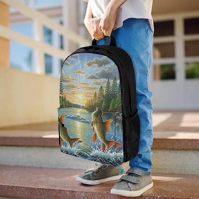 Supdreamc Backpack Polyester Anti-Theft Multipurpose Two Fish Jumping Out Of Water Art Bookbag Large Capacity Laptop Book Bag Rucksack With Side Pockets